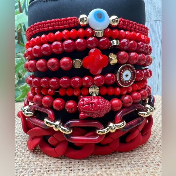 Evening Red Trendy Beaded Bracelet Set - Stylish Fashionable Bead Bracelets - Picture 4 of 15